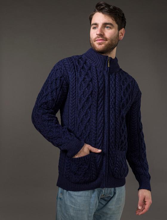 aran cashmere ‎Diamond and Cab‎le Kn‎it Zip Cardigan with Pockets
