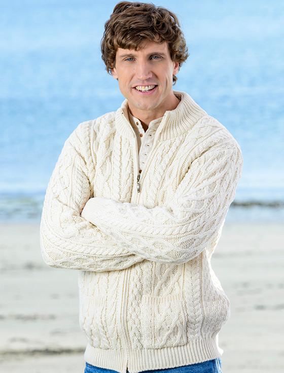 aran cashmere ‎Diamond and Cable Kn‎it Zip Cardigan with Pockets