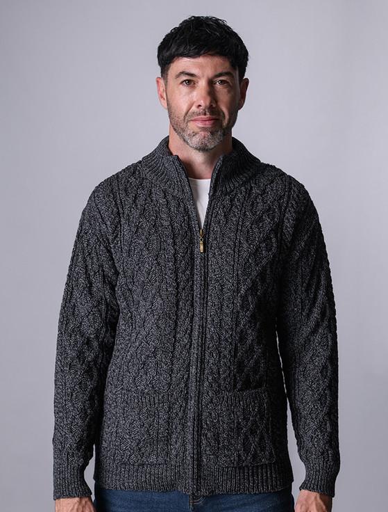 Aran Cashmere Diamond And Cable Knit Zip Cardigan With Pockets