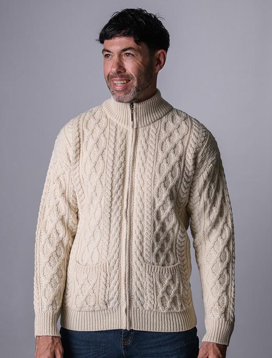 Aran Cashmere Diamond And Cable Knit Zip Cardigan With Pockets