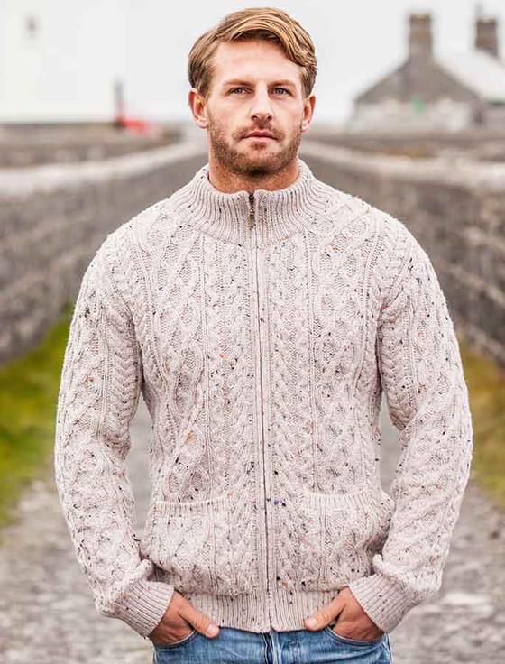 aran cashmere Diamond and Cable Knit Zip Cardigan with Pockets