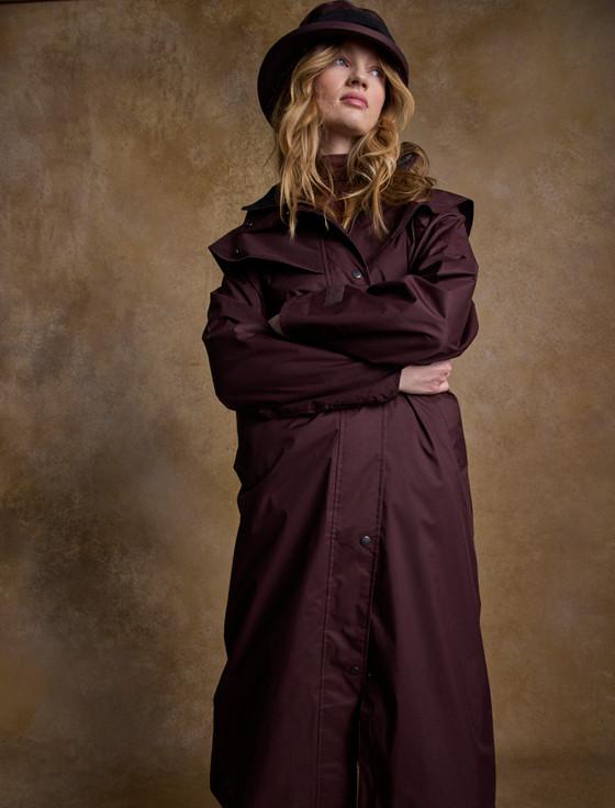 aran cashmere Donegal Ladies Waterproof Full Length Coat - Deep Claret
