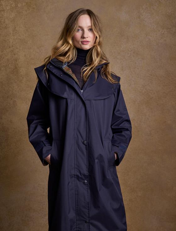 aran cashmere Donegal Ladies Waterproof Full Length Coat - Navy