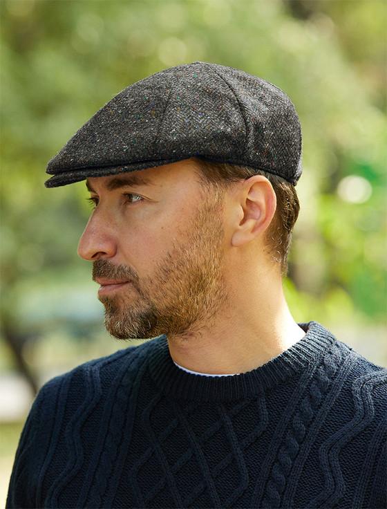 Aran Cashmere Donegal Tweed 8 Piece Panel Cap - Charcoal Fleck