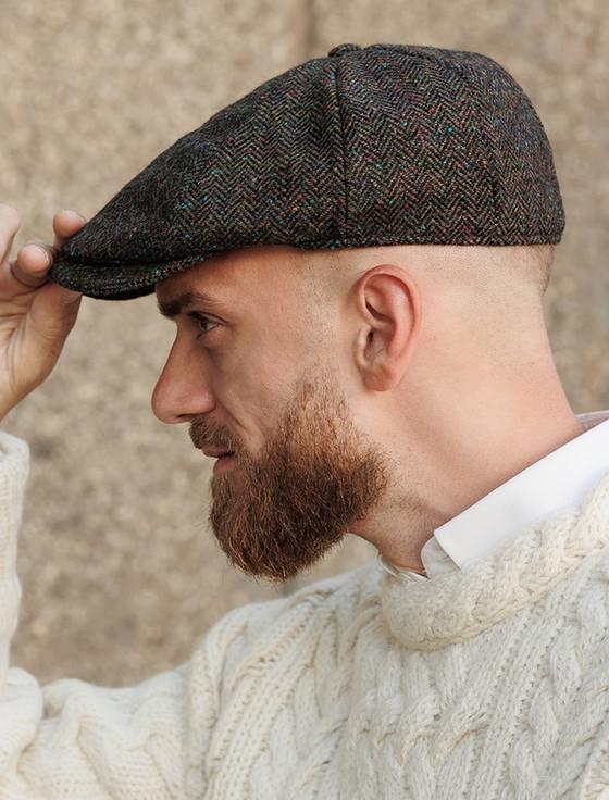 Aran Cashmere Donegal Tweed 8 Piece Panel Cap - Green Fleck
