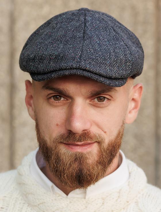 Aran Cashmere Donegal Tweed 8 Piece Panel Cap - Navy Fleck