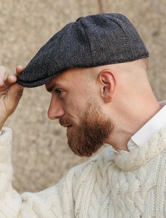 Aran Cashmere Donegal Tweed 8 Piece Panel Cap - Navy Fleck