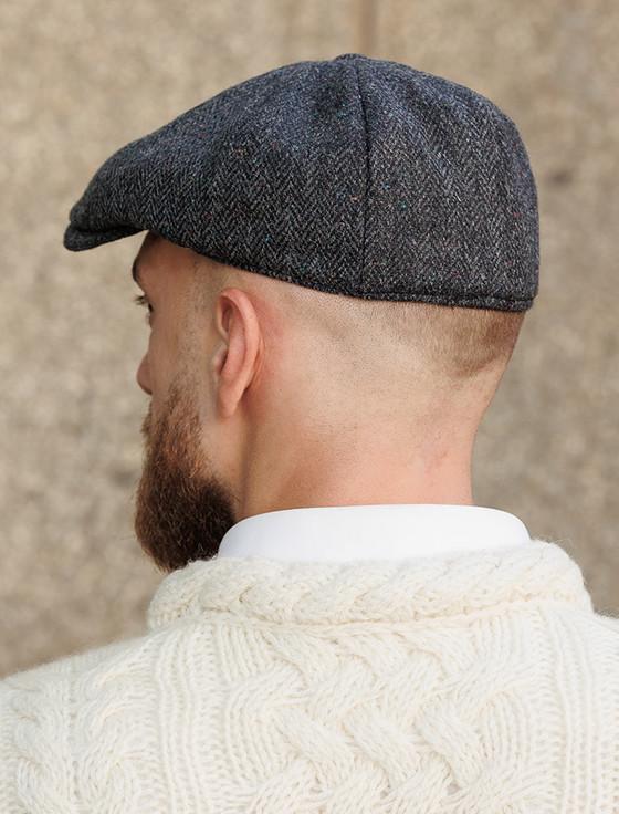 Aran Cashmere Donegal Tweed 8 Piece Panel Cap - Navy Fleck