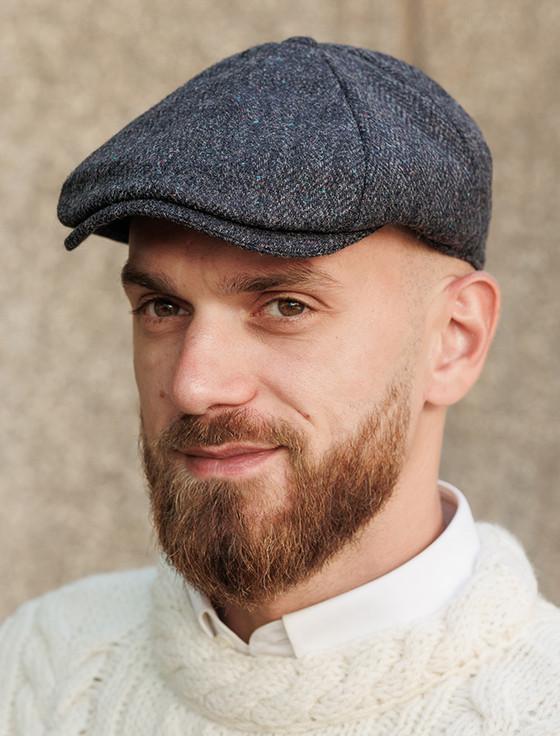 aran cashmere Donegal Tweed 8 Piece Panel Cap - Navy Fleck