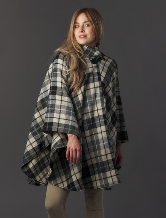 Aran Cashmere Donegal Tweed Cape With Fastening Toggle - Grey Black & Cream