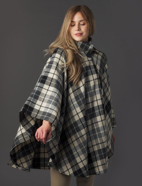 Aran Cashmere Donegal Tweed Cape With Fastening Toggle - Grey Black & Cream