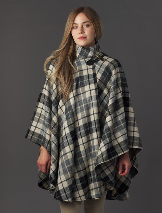 aran cashmere Donegal Tweed Cape with Fastening Toggle - Grey Black & Cream