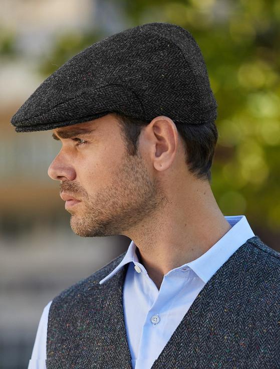 Aran Cashmere Donegal Tweed Flat Cap - Charcoal Fleck