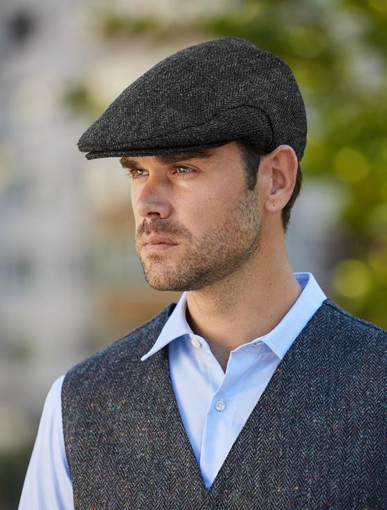 aran cashmere Donegal Tweed Flat Cap - Charcoal Fleck
