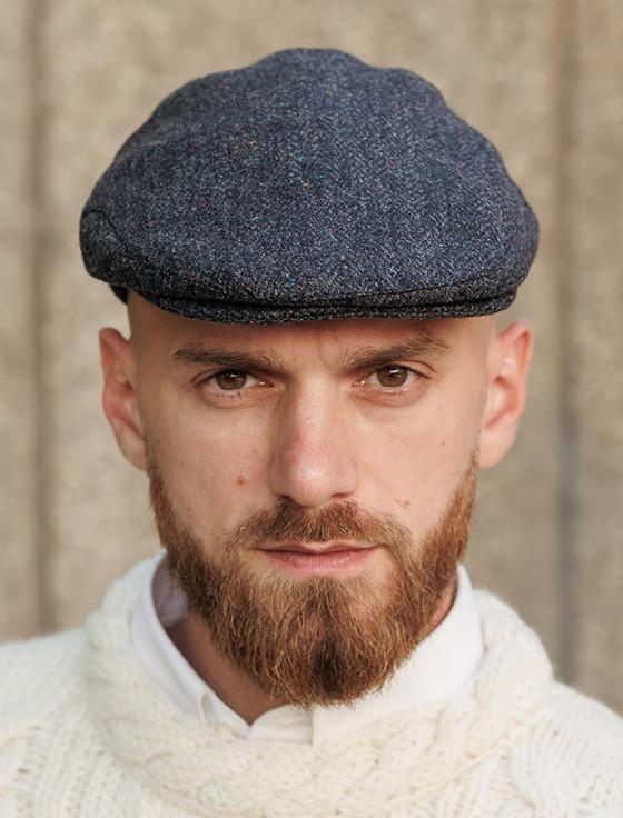 Aran Cashmere Donegal Tweed Flat Cap - Navy With Fleck
