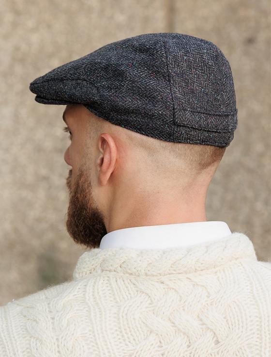 Aran Cashmere Donegal Tweed Flat Cap - Navy With Fleck