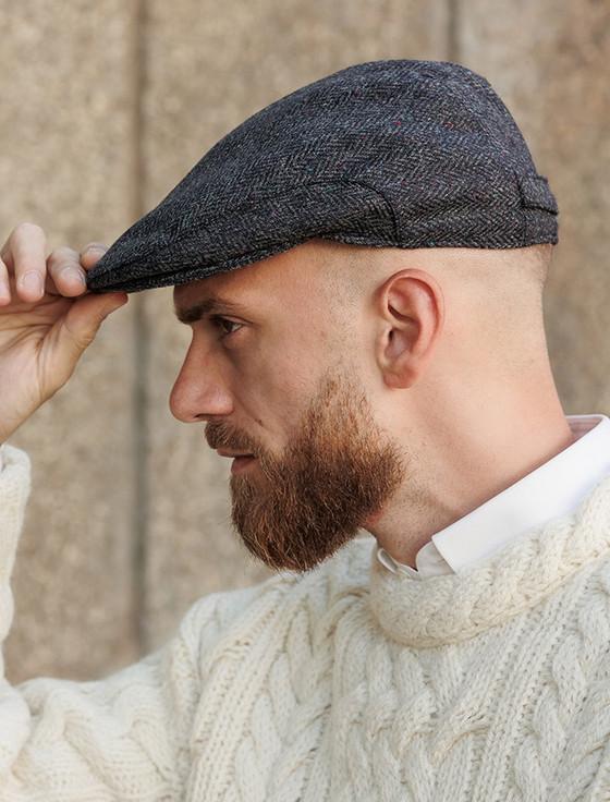 Aran Cashmere Donegal Tweed Flat Cap - Navy With Fleck