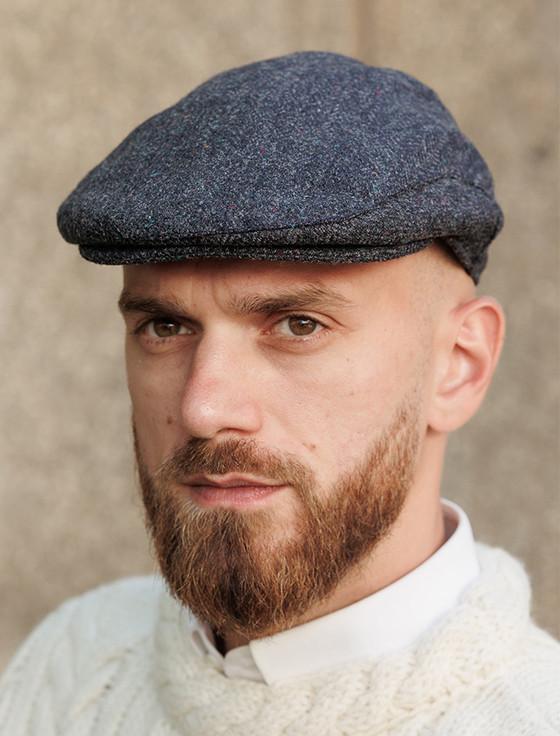 aran cashmere Donegal Tweed Flat Cap - Navy with Fleck