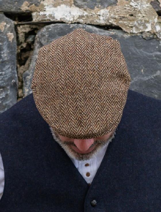 Aran Cashmere Donegal Tweed Herringbone Flat Cap - Brown
