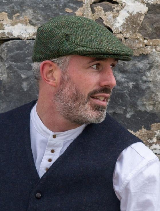 aran cashmere Donegal Tweed Herringbone Flat Cap - Green