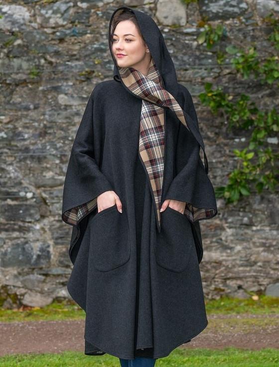 aran cashmere Donegal Tweed Pure Wool Country Walking Cape - Charcoal