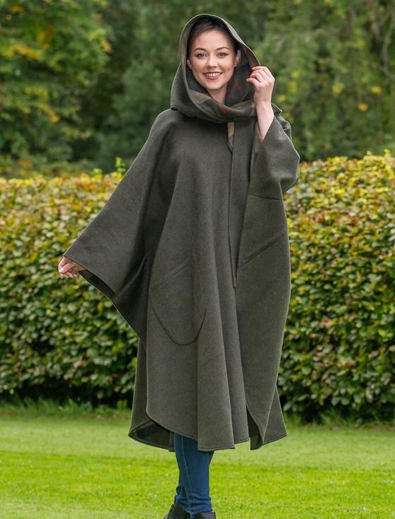 Aran Cashmere Donegal Tweed Pure Wool Country Walking Cape - Moss Green