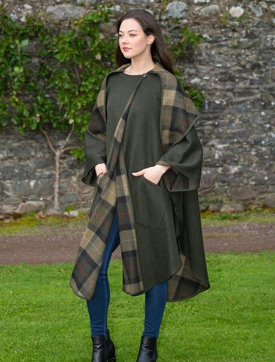 Aran Cashmere Donegal Tweed Pure Wool Country Walking Cape - Moss Green