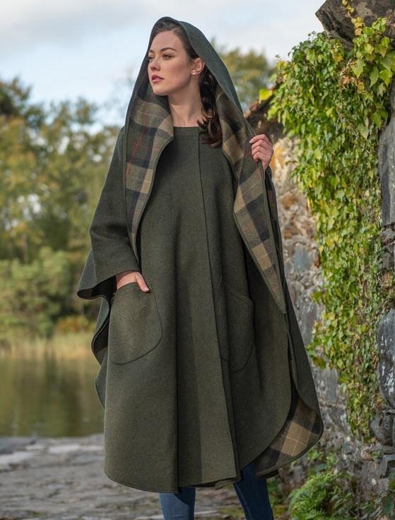aran cashmere Donegal Tweed Pure Wool Country Walking Cape - Moss Green