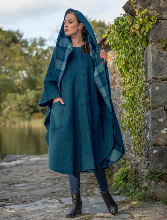 Aran Cashmere Donegal Tweed Pure Wool Country Walking Cape - Teal