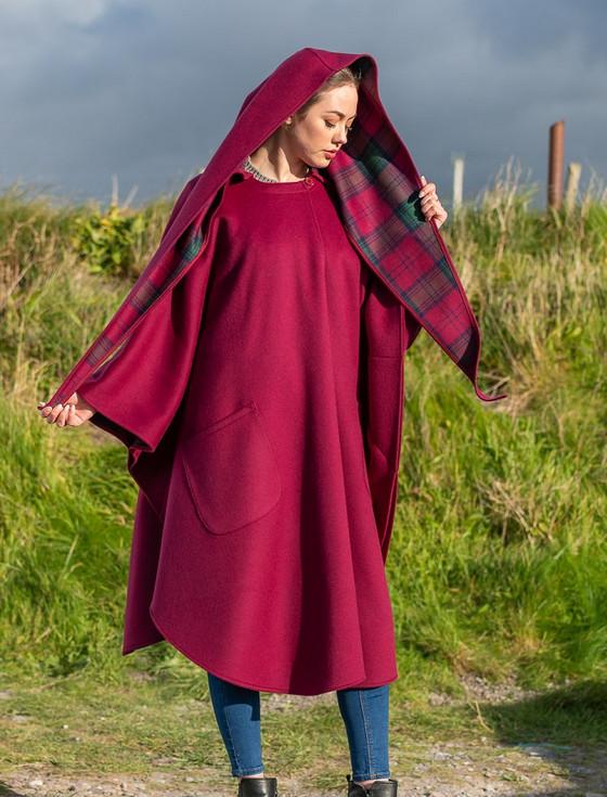aran cashmere Donegal Tweed Pure Wool Country Walking Cape - Wine
