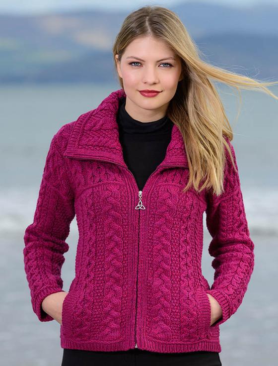 Aran Cashmere Double Collar Zip Merino Aran Cardigan