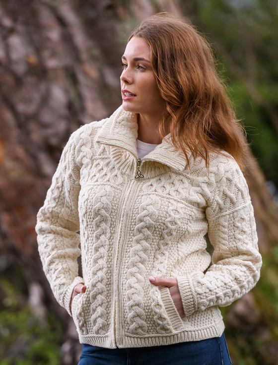 Aran Cashmere Double Collar Zip Merino Aran Cardigan‎‎