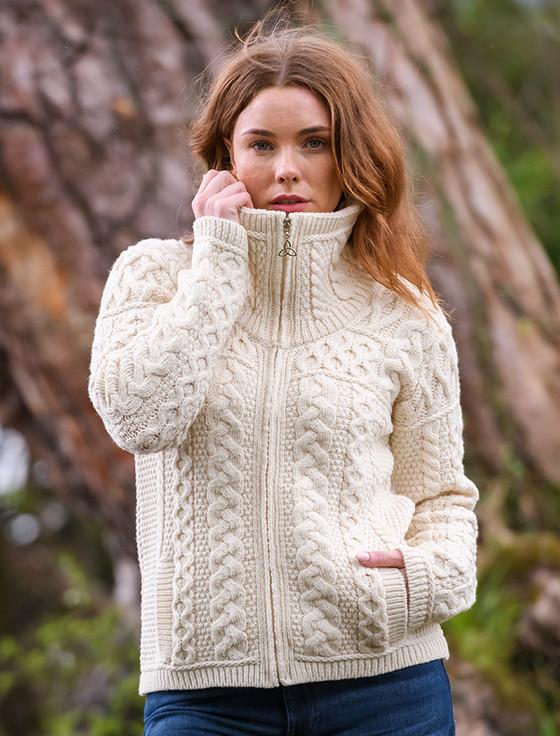 Aran Cashmere Double Collar Zip Merino Aran Cardigan‎‎‎‎‎‎