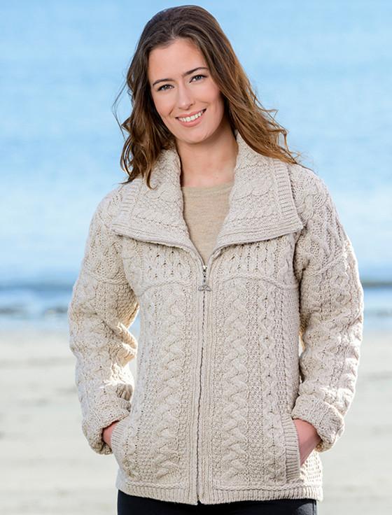 Aran Cashmere Double Collar Zip Merino Aran Cardigan‎‎‎‎‎