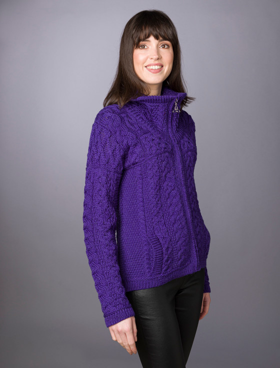 Aran Cashmere Double Collar Zip Merino Aran Cardigan‎‎‎