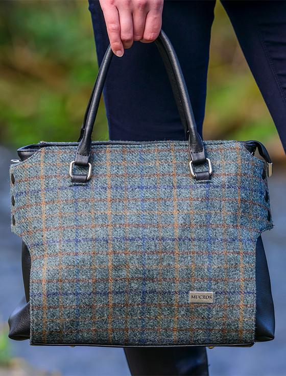 aran cashmere Emily Tweed & Leather Bag - Green Navy & Brown Plaid