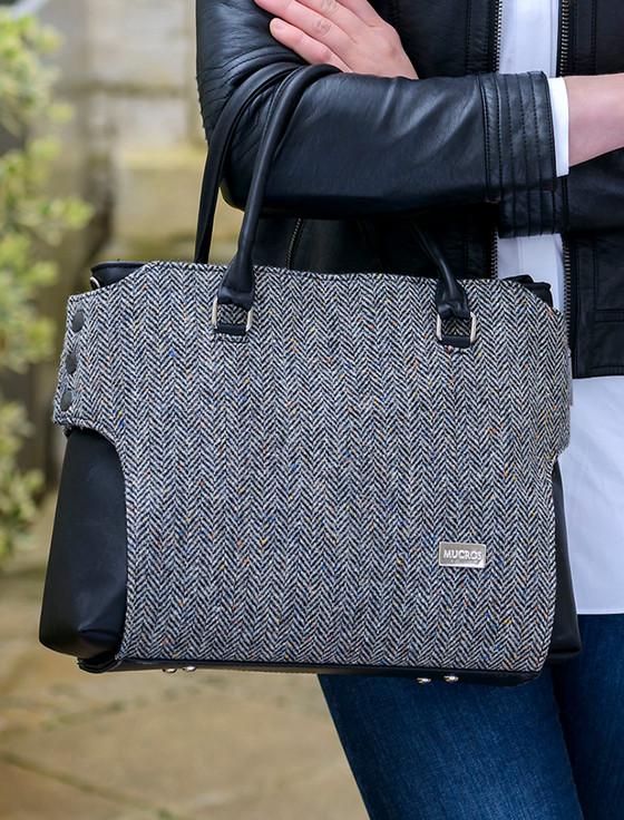 aran cashmere Emily Tweed & Leather Bag - Grey Herringbone