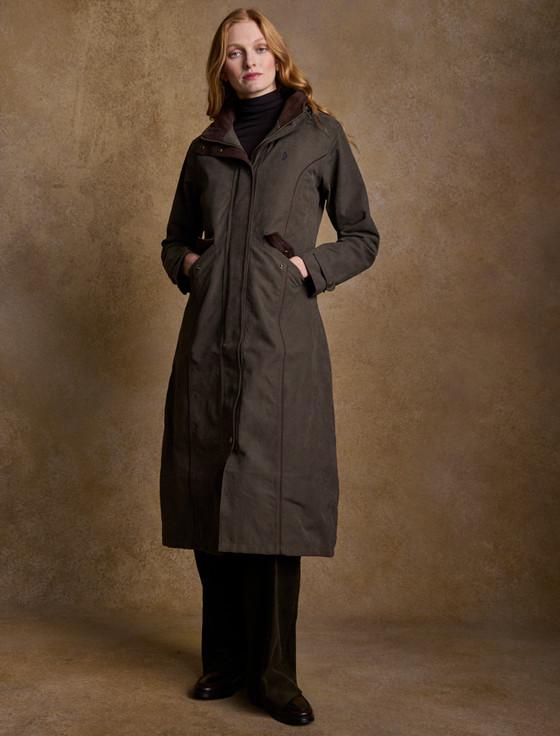 aran cashmere Erin Ladies Waterproof Long Riding Coat - Olive