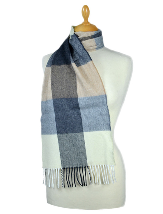Aran Cashmere Fine Merino Check Scarf - Cream Grey Beige