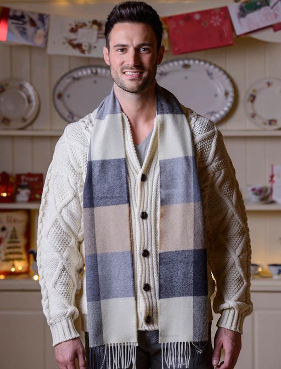 aran cashmere Fine Merino Check Scarf - Cream Grey Beige
