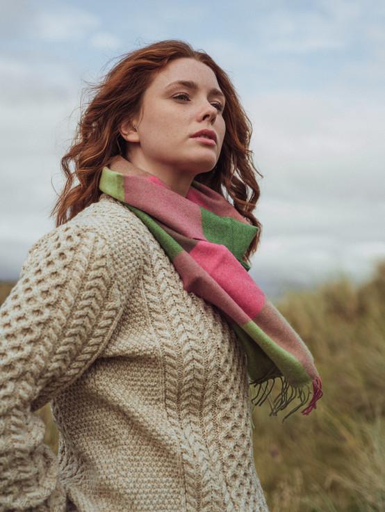 Aran Cashmere Fine Merino Check Scarf - Watermelon Pink Green