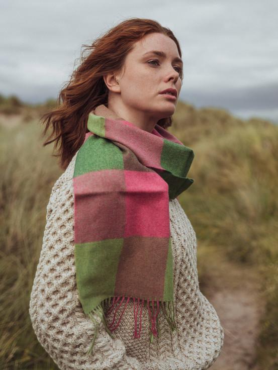 Aran Cashmere Fine Merino Check Scarf - Watermelon Pink Green