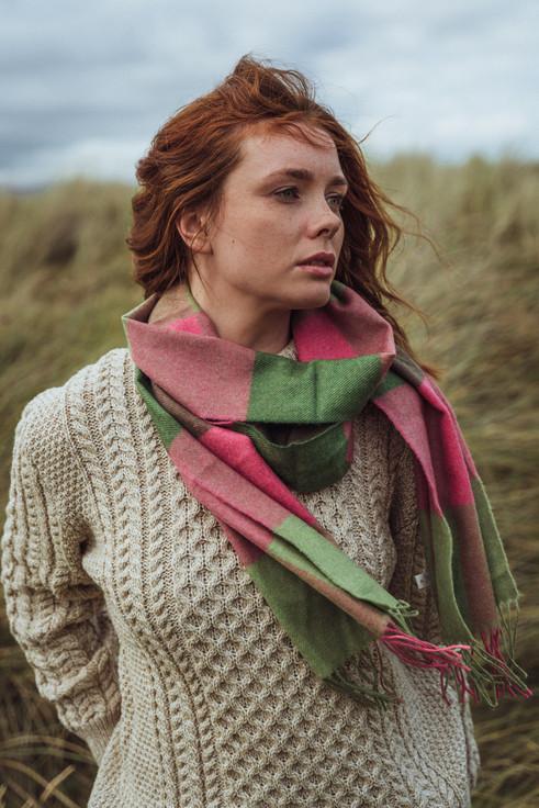 aran cashmere Fine Merino Check Scarf - Watermelon Pink Green