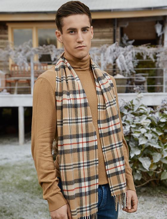aran cashmere Fine Merino Plaid Scarf - Camel of Merrick