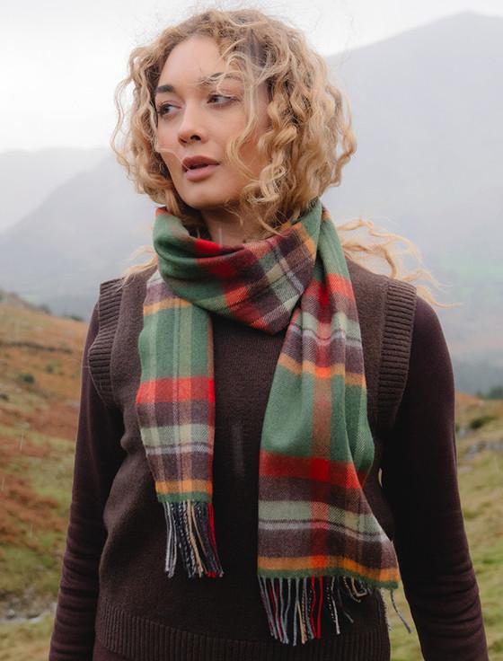 Aran Cashmere Fine Merino Plaid Scarf - Green Rust & Orange