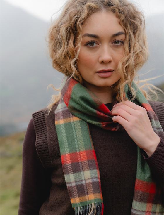 Aran Cashmere Fine Merino Plaid Scarf - Green Rust & Orange