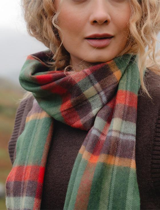 Aran Cashmere Fine Merino Plaid Scarf - Green Rust & Orange