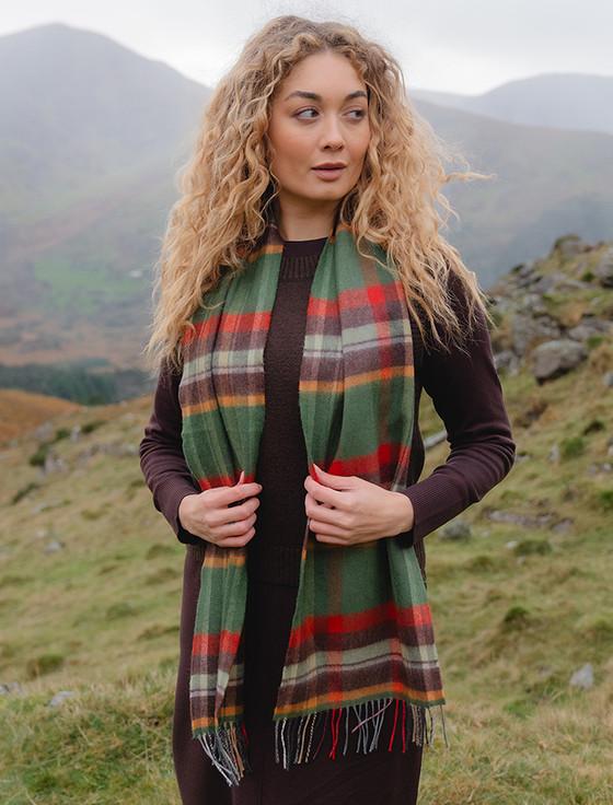 aran cashmere Fine Merino Plaid Scarf - Green Rust & Orange
