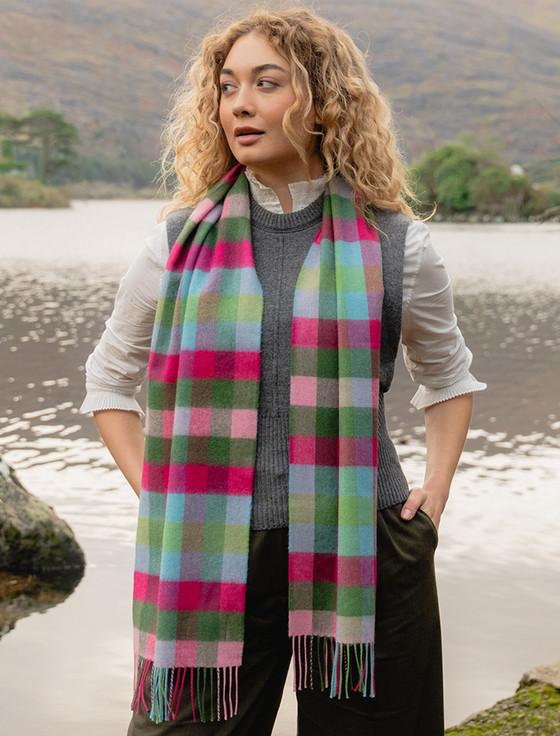 Aran Cashmere Fine Merino Plaid Scarf - Pink Blue & Green