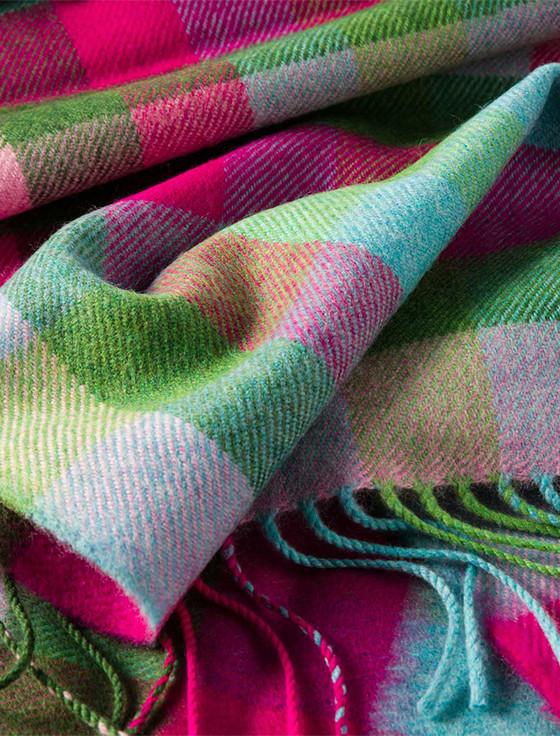 Aran Cashmere Fine Merino Plaid Scarf - Pink Blue & Green